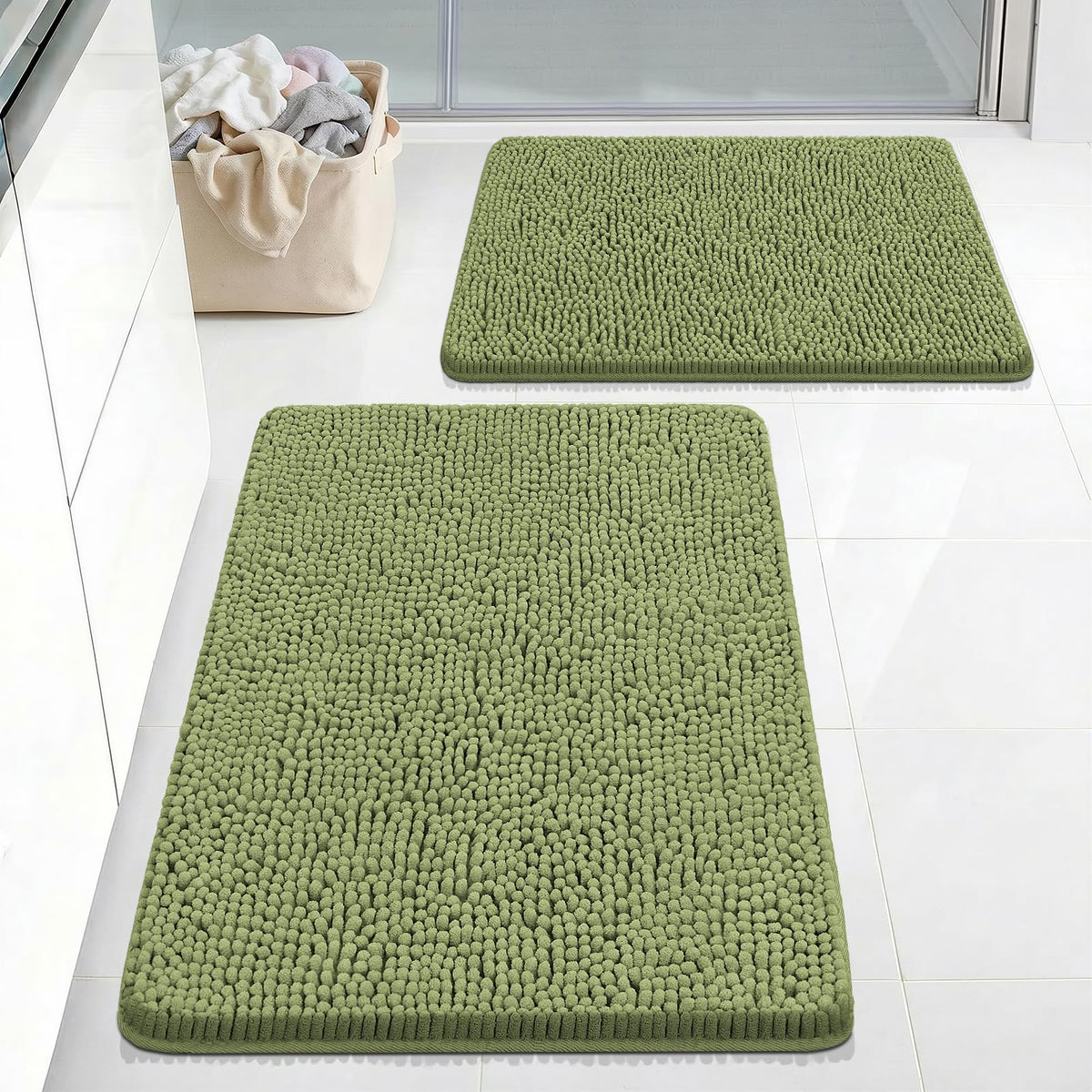 Bcoimo Bath Rug Mat,Sage Chenille High Absorbent Long Bathroom Runner Rugs