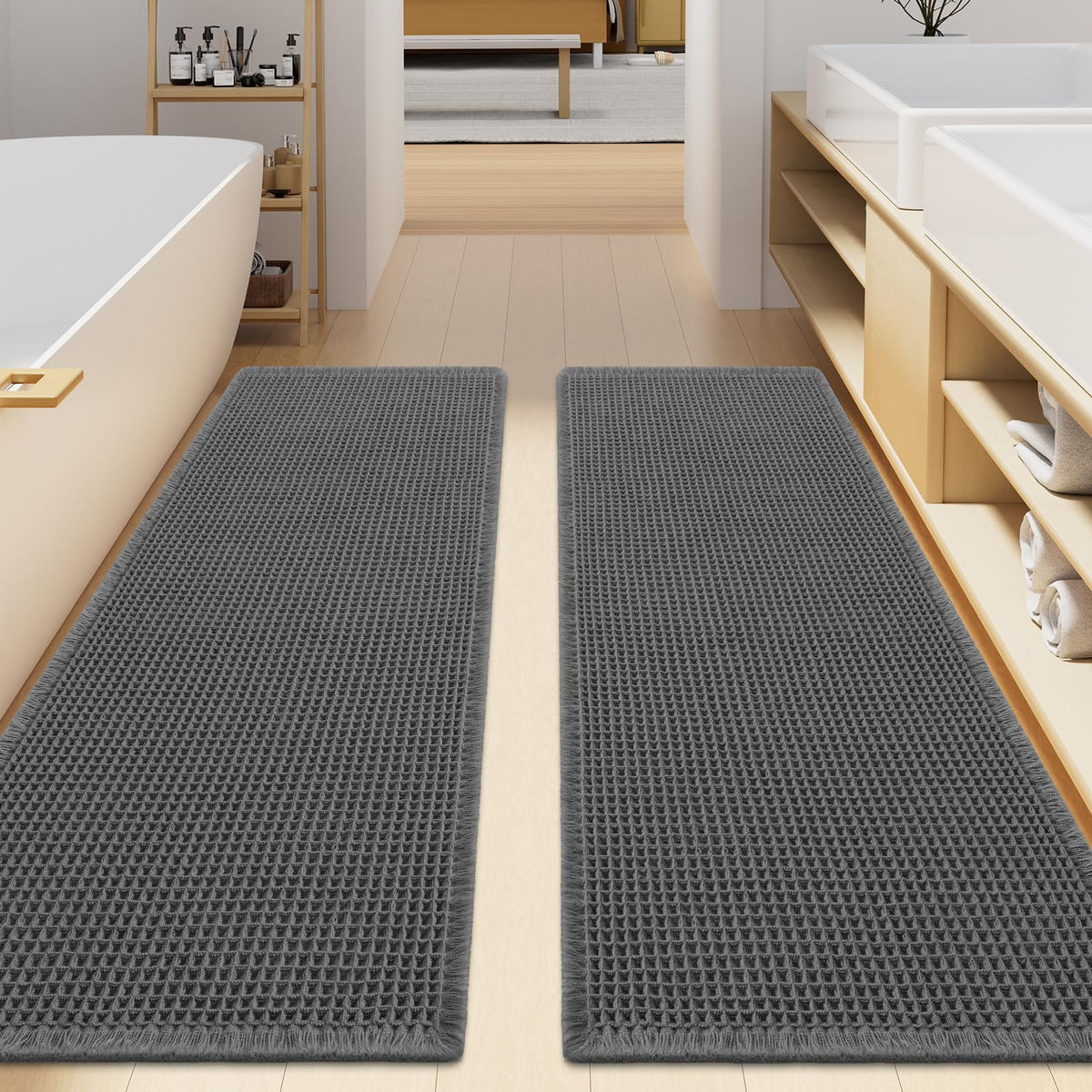 Smiry Waffle Bathroom Rugs Sets 2 Piece (30x20+24x16, Brown)
