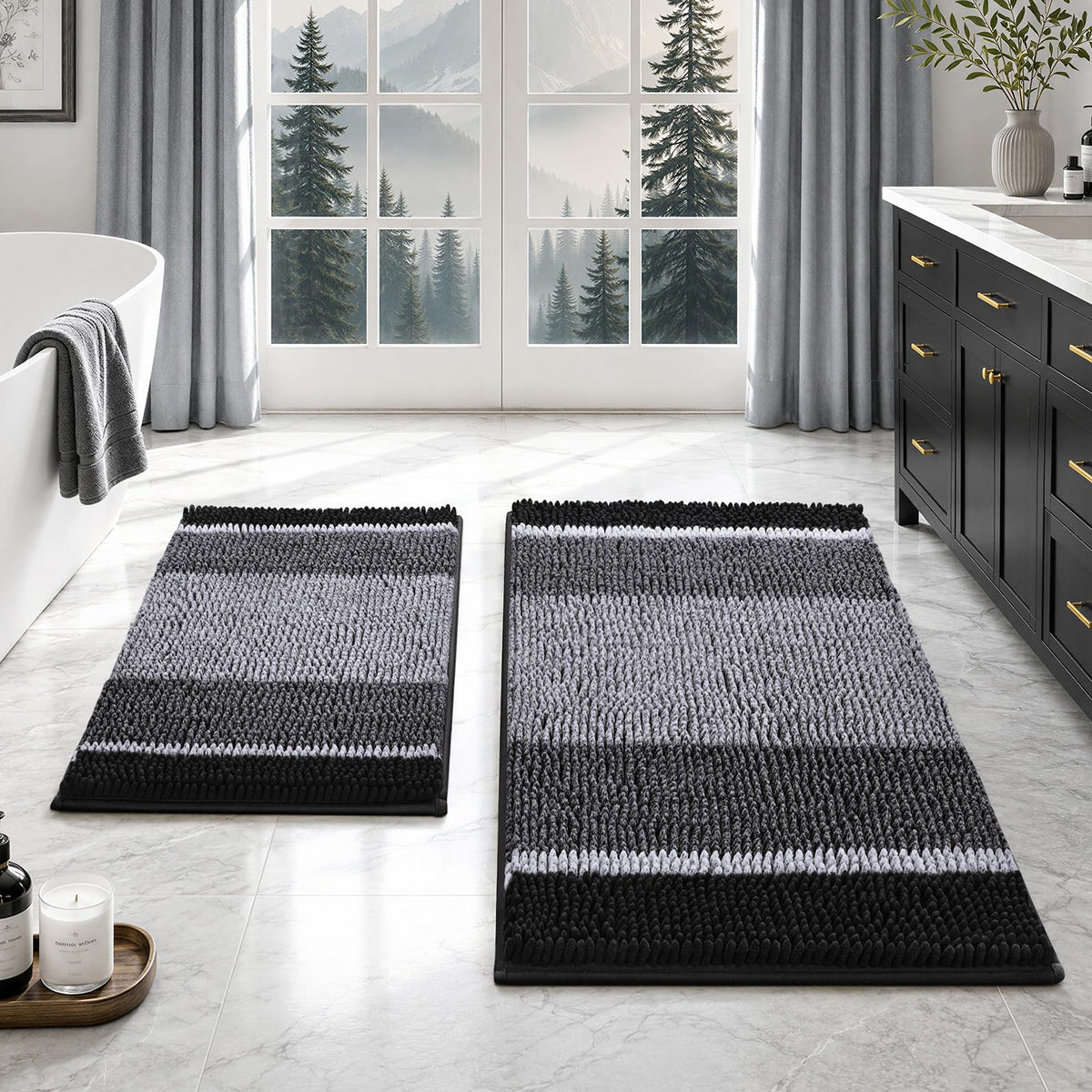 HOMEIDEAS Blue Bathroom Rugs Set, Striped Chenille, 20"x32"+17"x24"
