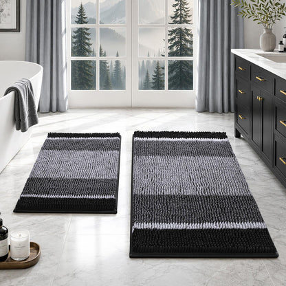 HOMEIDEAS Blue Bathroom Rugs Set, Striped Chenille, 20"x32"+17"x24"
