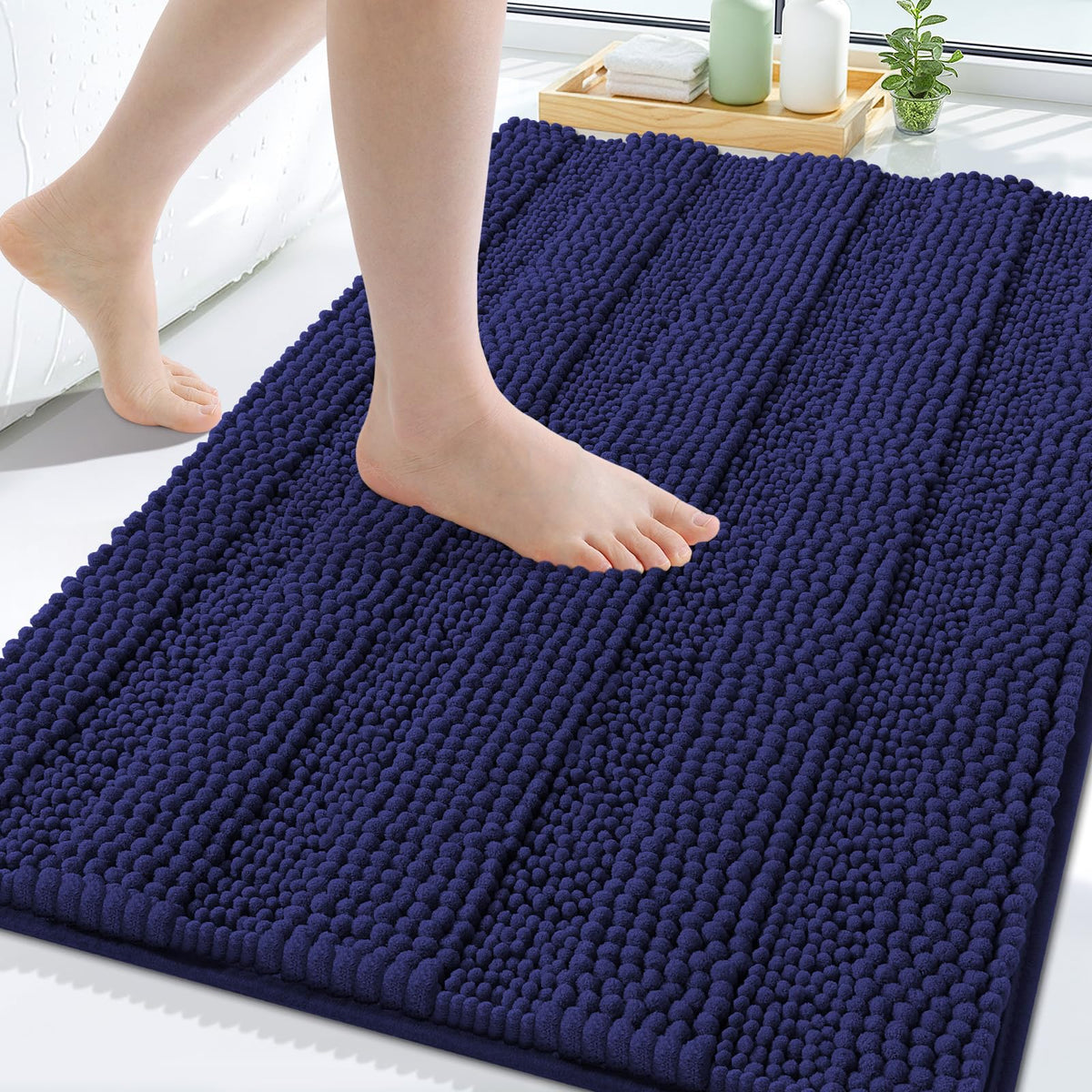 Grandaily Chenille Striped Bathroom Rugs 36x24, Extra Thick and Absorbent Bath Mats, Non-Slip Soft Plush Shaggy Shower Carpet, Machine Wash Dry, Bath Rug for Bathroom, (Large, Light Grey)