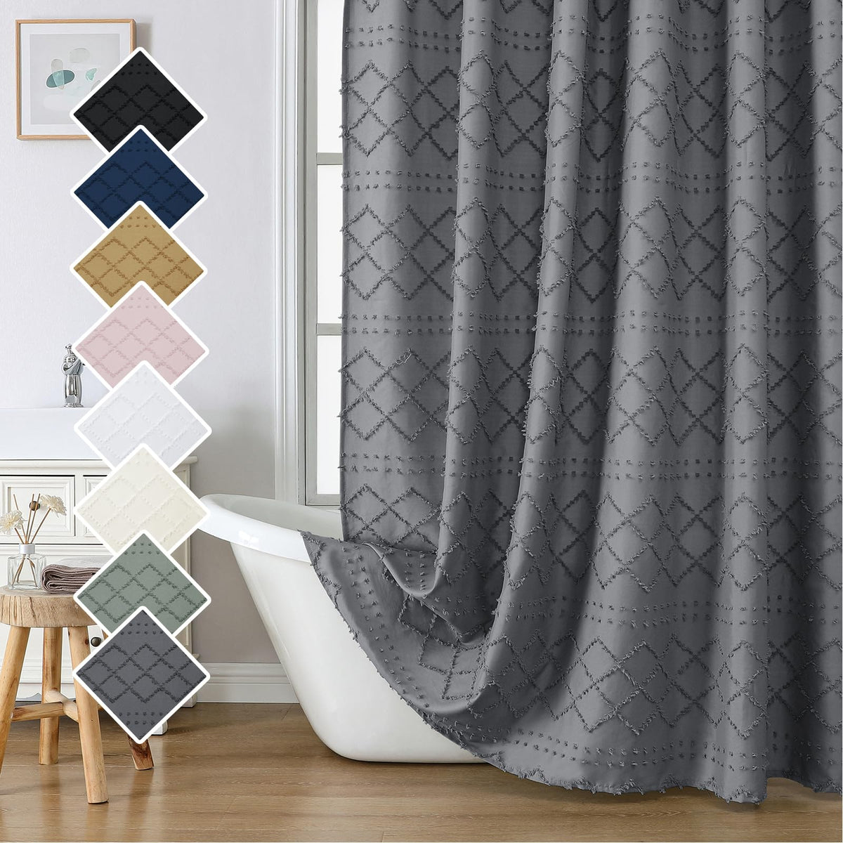 Lecloud White Fabric Shower Curtain 72x72 Inches, Boho Tufted Plaid Striped Shower Curtain Set for Bathroom, Chic Textured Cloth Shower Curtain