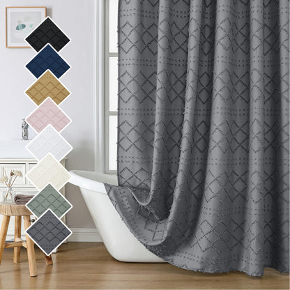 Lecloud White Fabric Shower Curtain 72x72 Inches, Boho Tufted Plaid Striped Shower Curtain Set for Bathroom, Chic Textured Cloth Shower Curtain