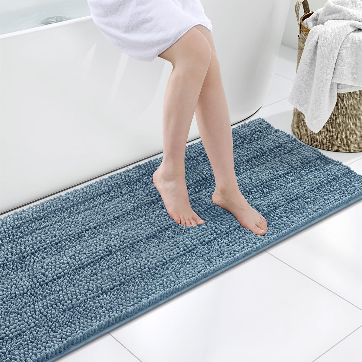 Grandaily Chenille Striped Bathroom Rugs 36x24, Extra Thick and Absorbent Bath Mats, Non-Slip Soft Plush Shaggy Shower Carpet, Machine Wash Dry, Bath Rug for Bathroom, (Large, Light Grey)