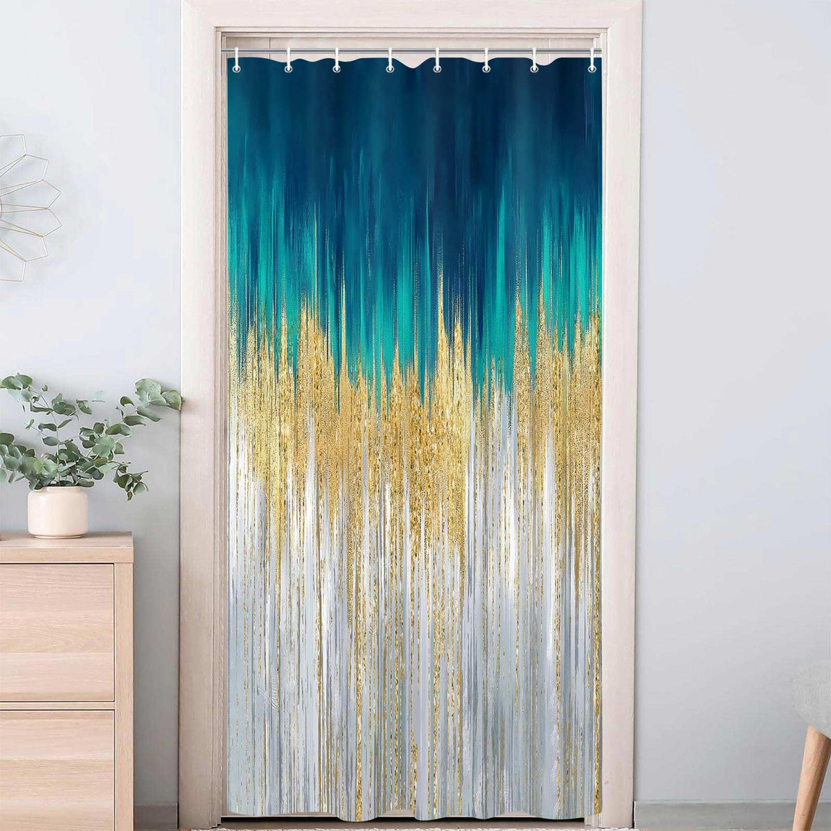 JAWO Abstract Shower Curtain,Modern Aesthetic Abstract Stripe Shower Curtain Set, Yellow Blue Grey Contemporary Abstract Painting Fabric Shower Curtains