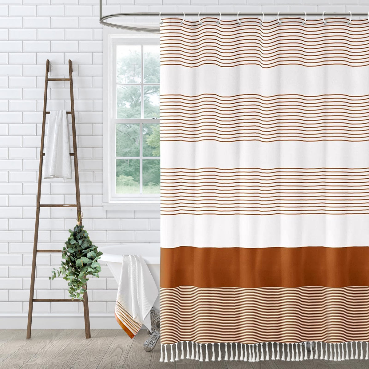 Sage Green Boho Cotton Striped Shower Curtain with Tassel 72"W X 72"L
