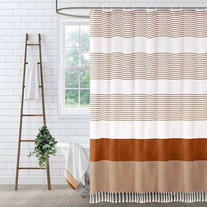 Sage Green Boho Cotton Striped Shower Curtain with Tassel 72"W X 72"L