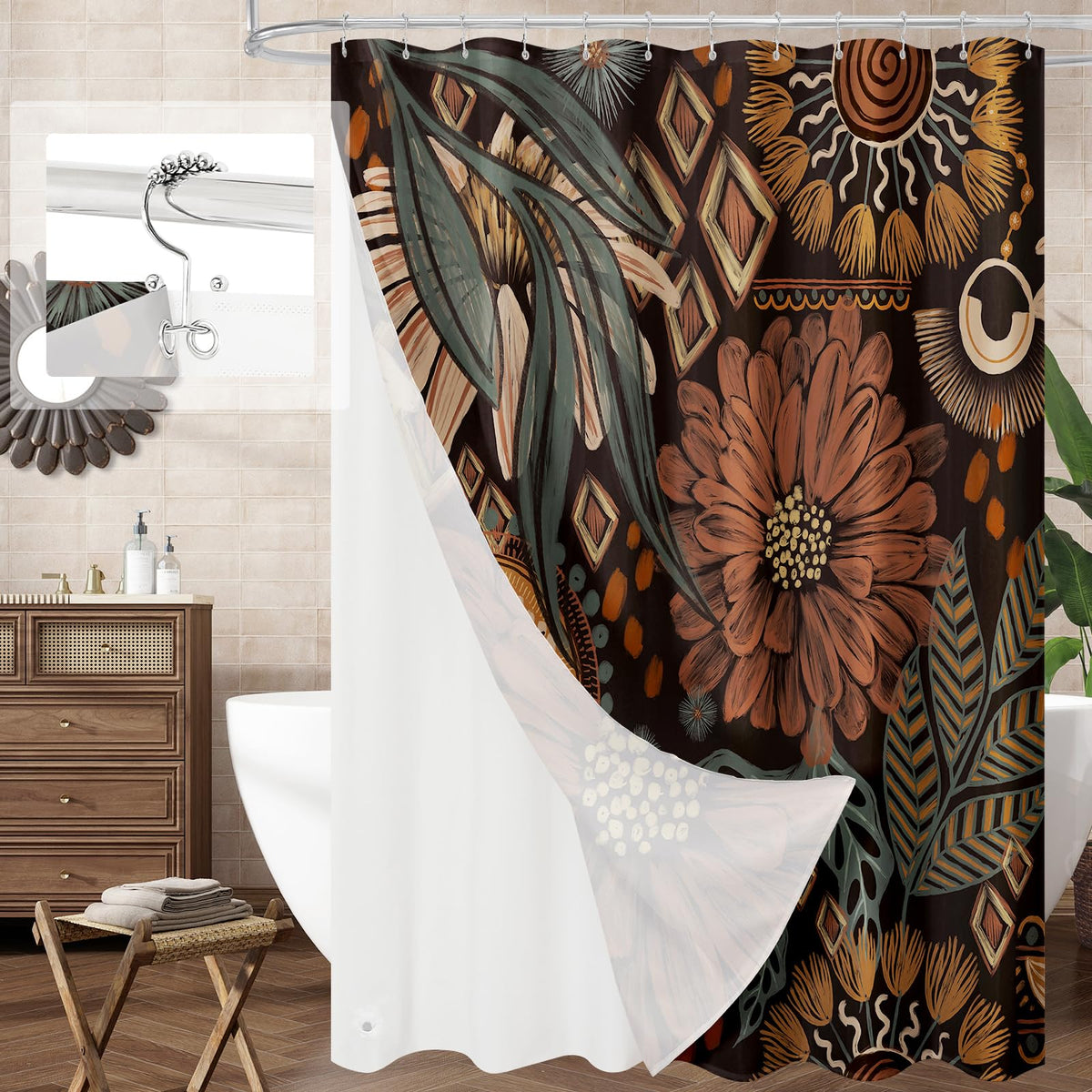 Boho Floral Shower Curtain, Vintage Botanical Fabric Curtain, 72 x 72