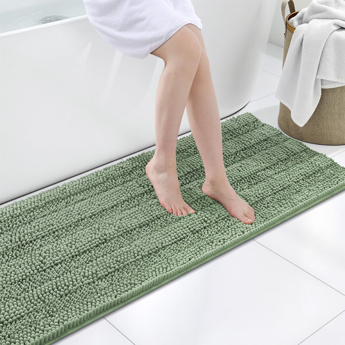 Grandaily Chenille Striped Bathroom Rugs 36x24, Extra Thick and Absorbent Bath Mats, Non-Slip Soft Plush Shaggy Shower Carpet, Machine Wash Dry, Bath Rug for Bathroom, (Large, Light Grey)