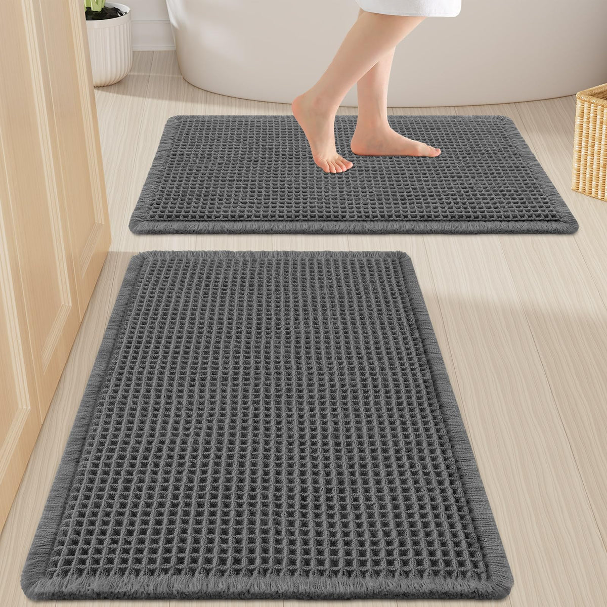 Smiry Waffle Bathroom Rugs Sets 2 Piece (30x20+24x16, Brown)