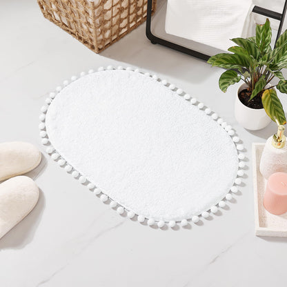 YIRDDEO Oval Rug for Bathroom, Cute Boho Bath Mat with Pom, Olive Green