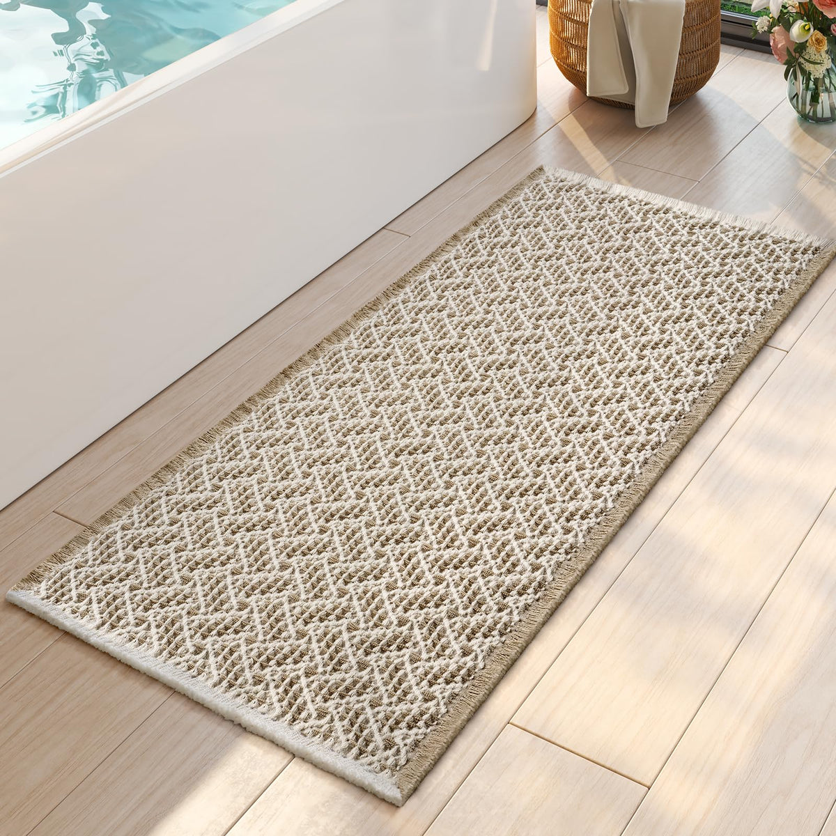 Waffle Bath Mat, Extra Soft Boho Bathroom Rugs, 16x24 Brown