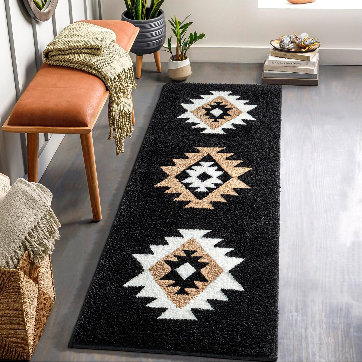 DEXDE Black Bathroom Rugs 20x32 Aztec Boho Long Western Plush Bath Mats