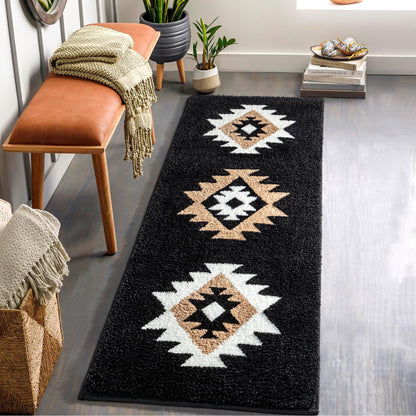 DEXDE Black Bathroom Rugs 20x32 Aztec Boho Long Western Plush Bath Mats