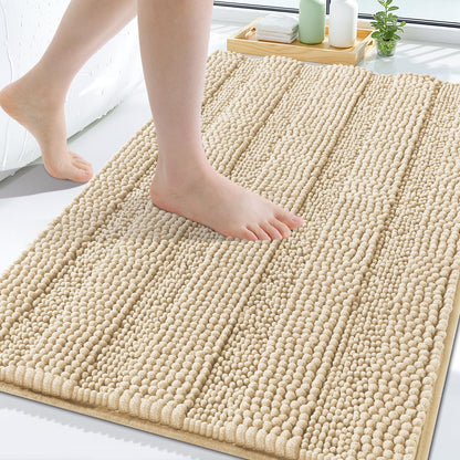 Grandaily Chenille Striped Bathroom Rugs 36x24, Extra Thick and Absorbent Bath Mats, Non-Slip Soft Plush Shaggy Shower Carpet, Machine Wash Dry, Bath Rug for Bathroom, (Large, Light Grey)