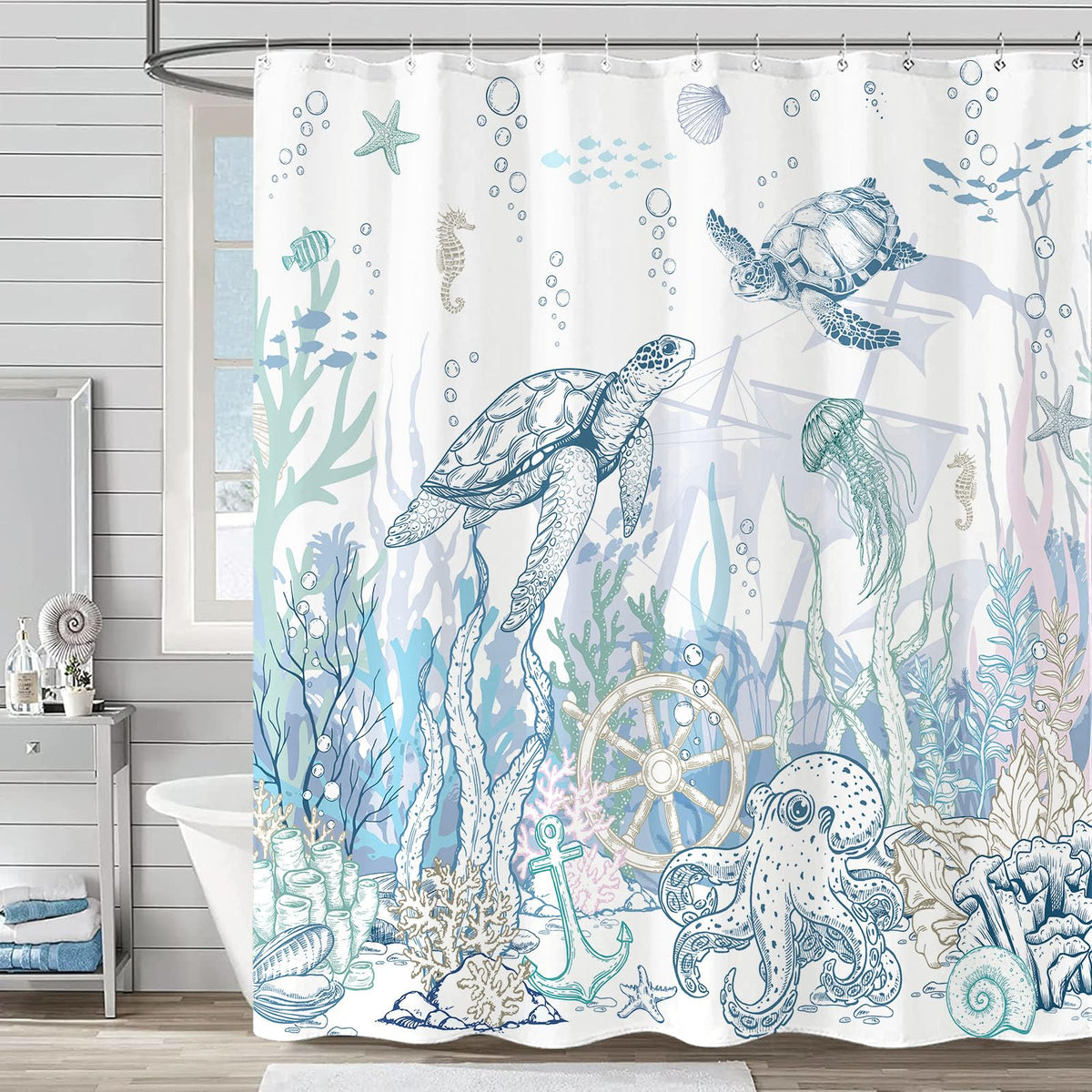 Accnicc Abstract Beach Shower Curtain Ocean Art Oil Painting Shower Curtains for Bathroom Teal Blue Coastal Seagull Waterproof Fabric Bath Curtain Decor 72 X 72 Inches