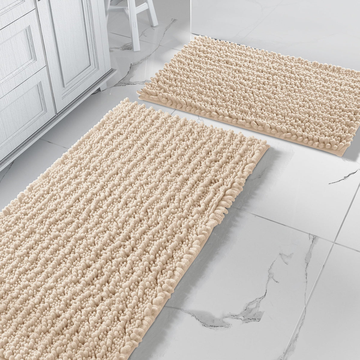 Yimobra Bathroom Rugs Sets 2 Piece - Quick Dry Extra Thick Luxury Chenille Bath Mat, Non Slip Super Absorbent for Tub Shower Sink, Machine Washable Shaggy Floor Mat, 32"x20"+24"x17" Inch, Pale Khaki