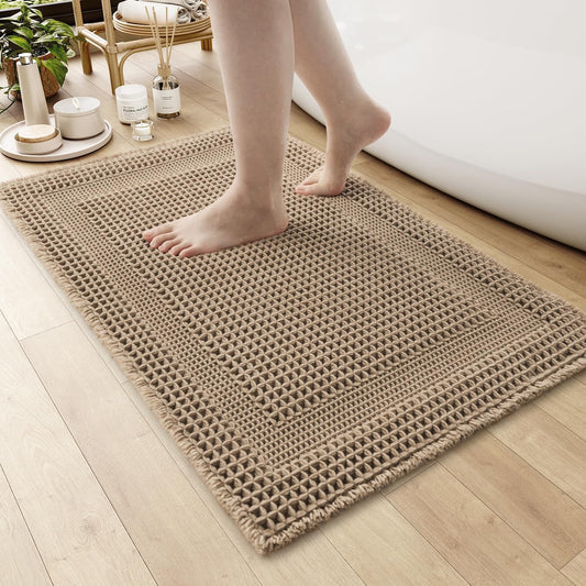 AMOAMI Waffle Bath Mat, Absorbent Bathroom Rugs Non Slip 24''x36'' Beige
