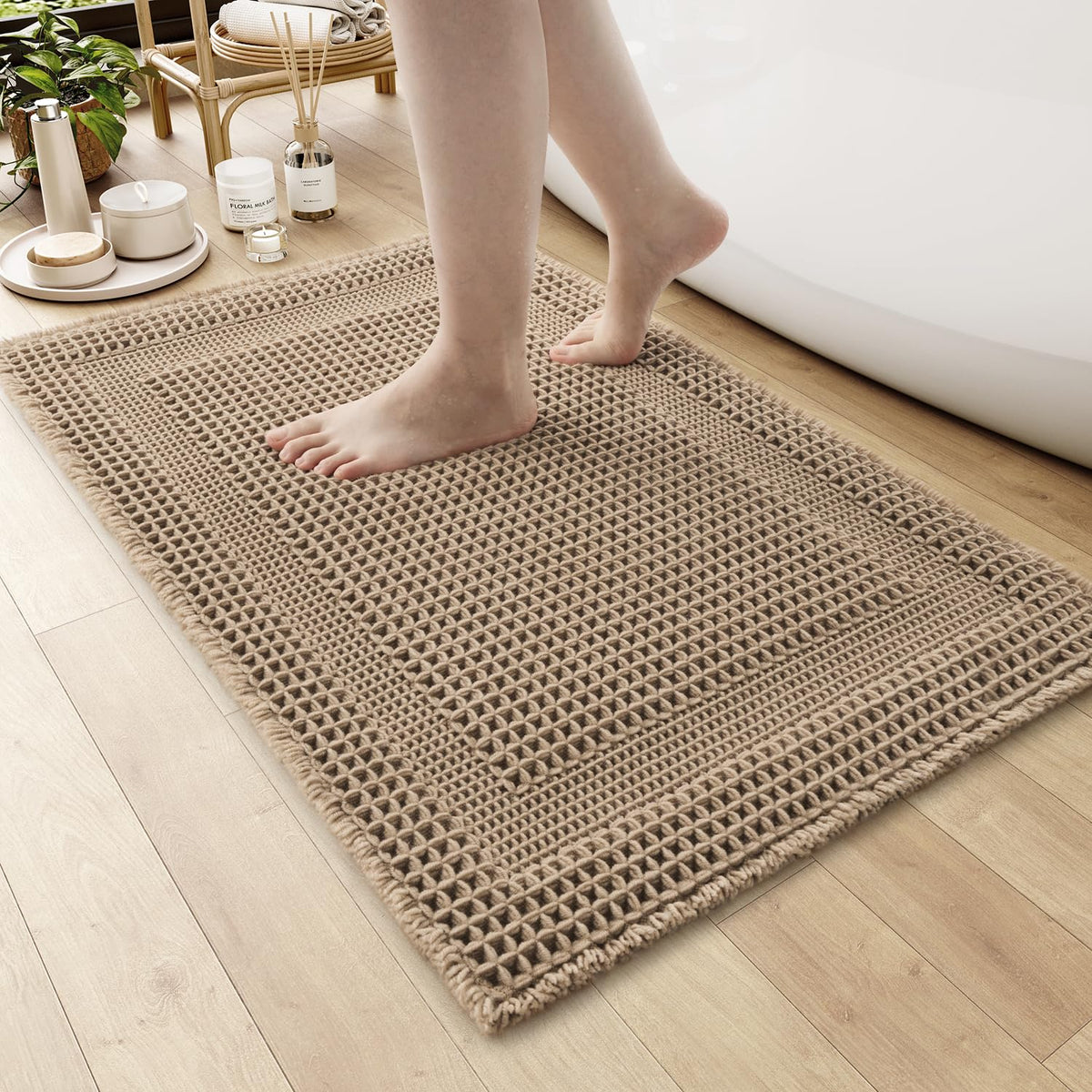 AMOAMI Waffle Bath Mat, Absorbent Bathroom Rugs Non Slip 24''x36'' Beige