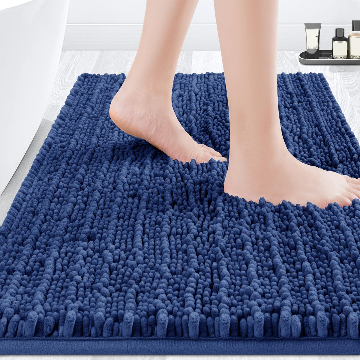 ACCUMTEK Upgrade Extra Large Black Bathroom Rug Set 3 Pieces Ultra Soft, Thick Absorbent Bath Mats, Non Slip Chenille Toilet Mat for Bathroom, Bedroom, Kitchen