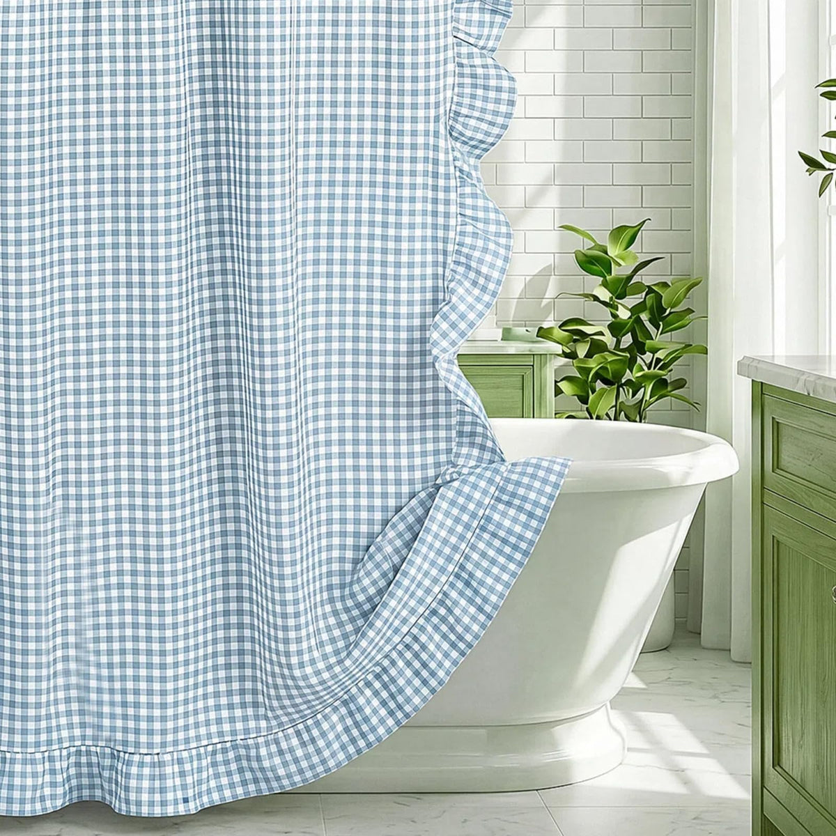 HunnmingRe Ruffle Hem Gingham Shower Curtain Sage Green