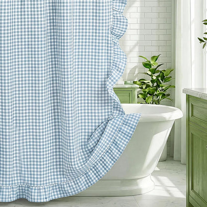 HunnmingRe Ruffle Hem Gingham Shower Curtain Sage Green