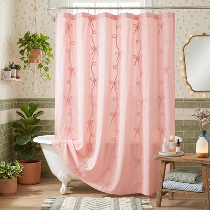 Seasonwood Pink Bow Shower Curtain with Cording Bow Embroidery 72x72 Inches