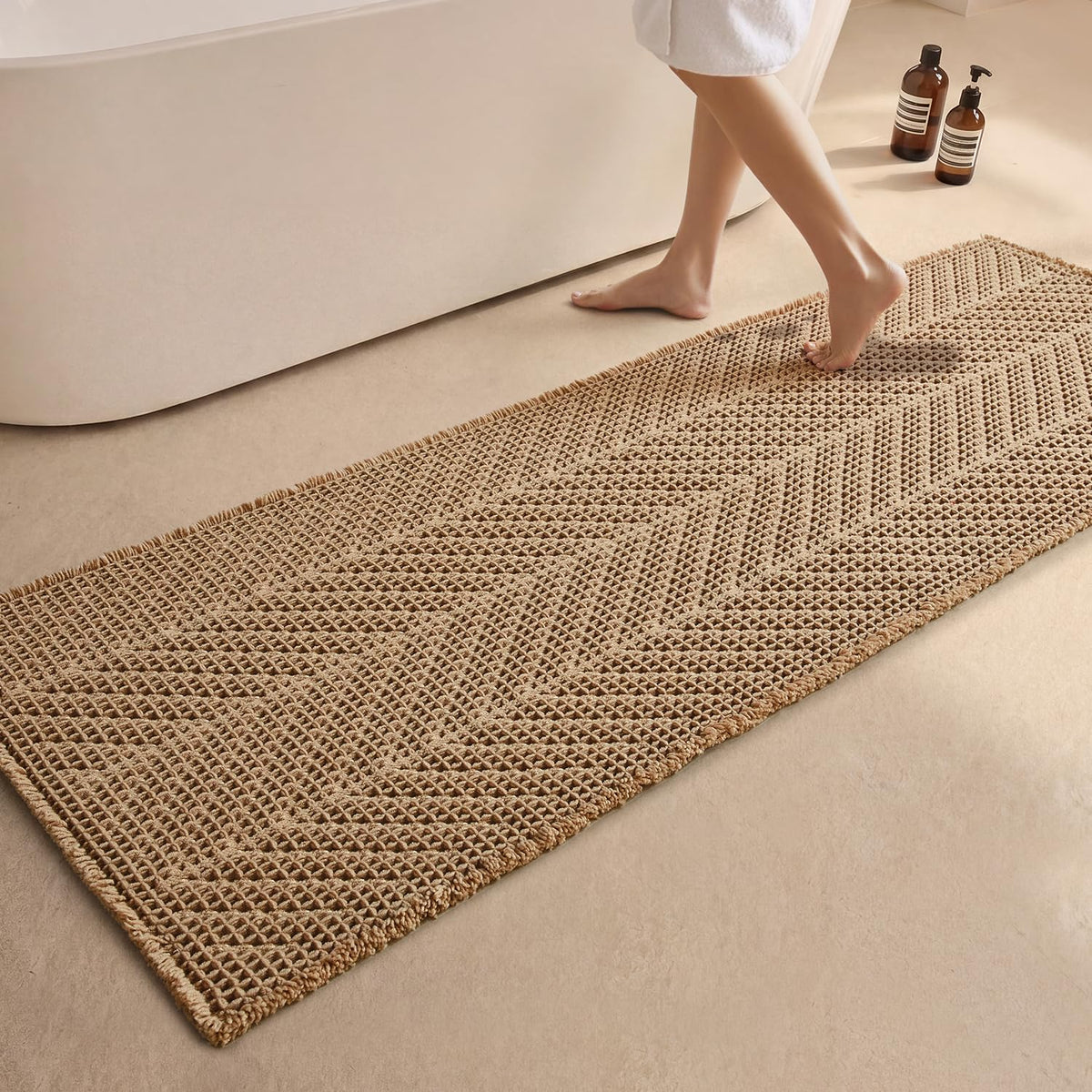 Sunfly Boho Bathroom Rug, Herringbone Waffle Bath Mat Non-Slip Washable Super Absorbent Quick Dry, Farmhouse Bath Mat for Bathroom Floor Decor 20"*30" Khaki