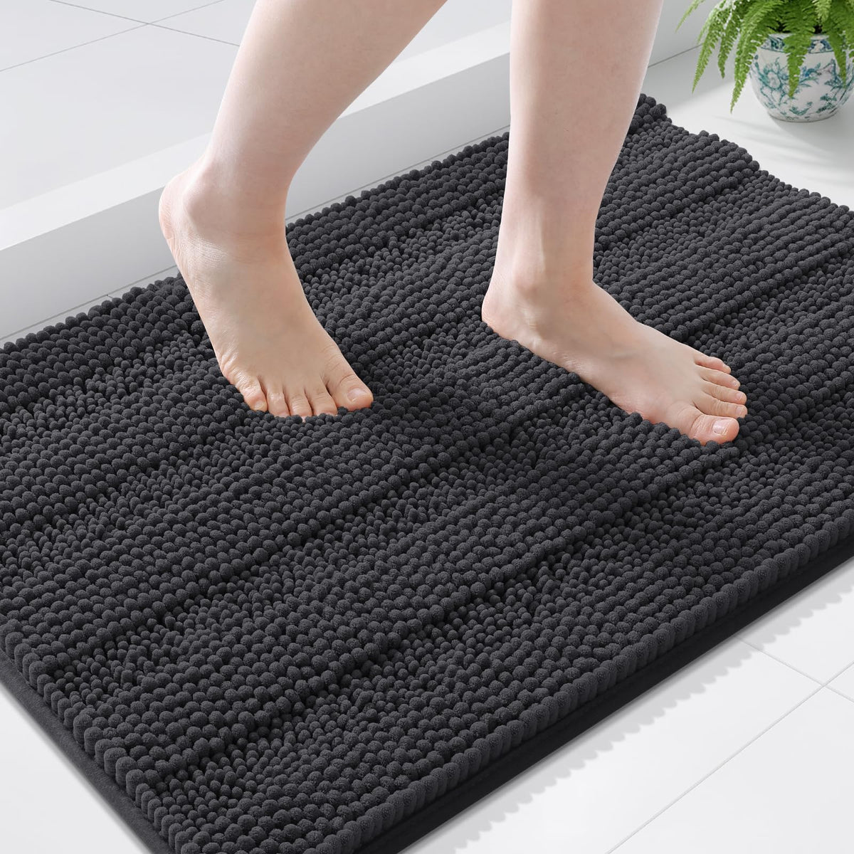 Grandaily Chenille Striped Bathroom Rugs 36x24, Extra Thick and Absorbent Bath Mats, Non-Slip Soft Plush Shaggy Shower Carpet, Machine Wash Dry, Bath Rug for Bathroom, (Large, Light Grey)