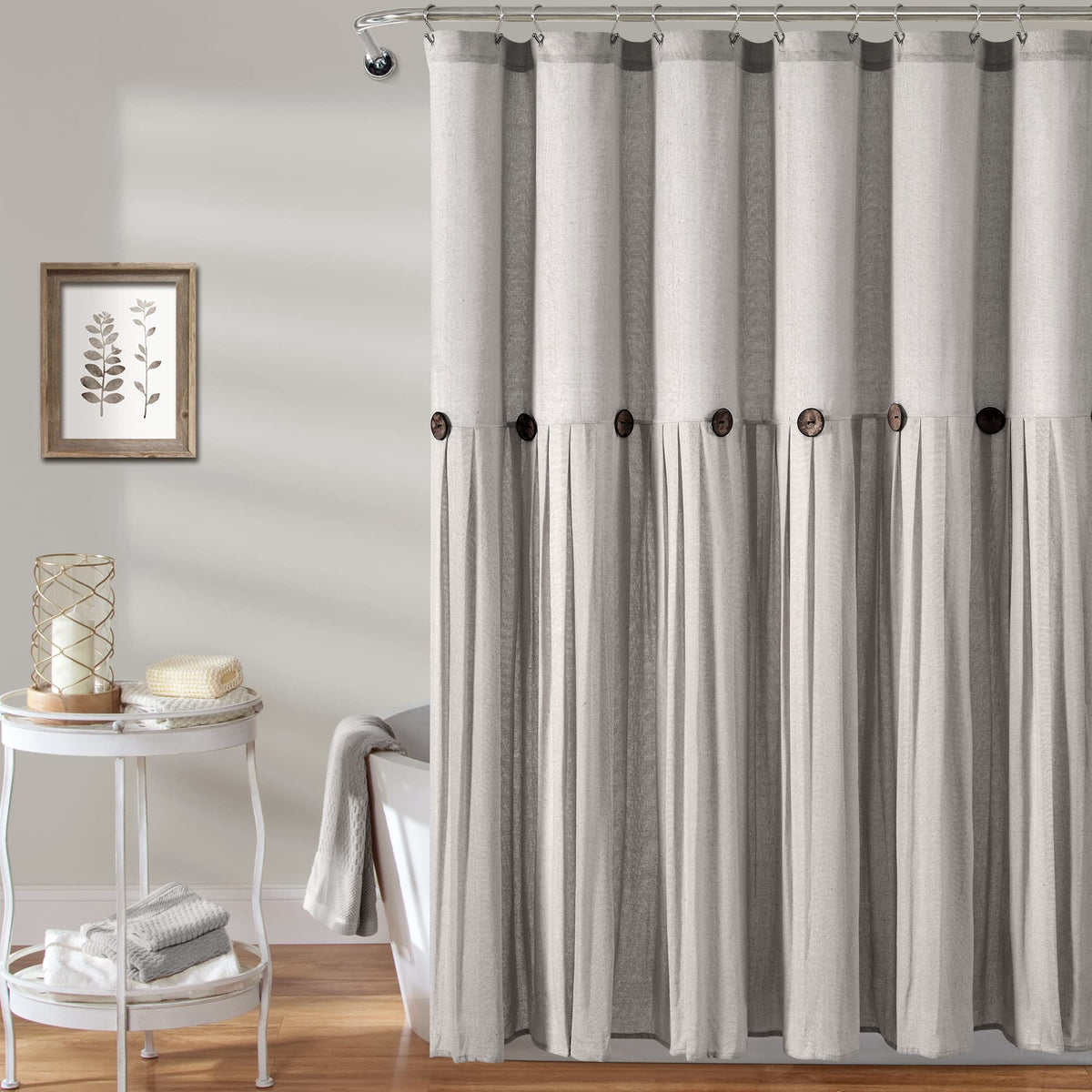 Lush Decor Linen Button Shower Curtain, 72" W x 72" L, Linen - Neural Shower Curtain Fabric - Bathroom Curtain - Farmhouse Bathroom Decor