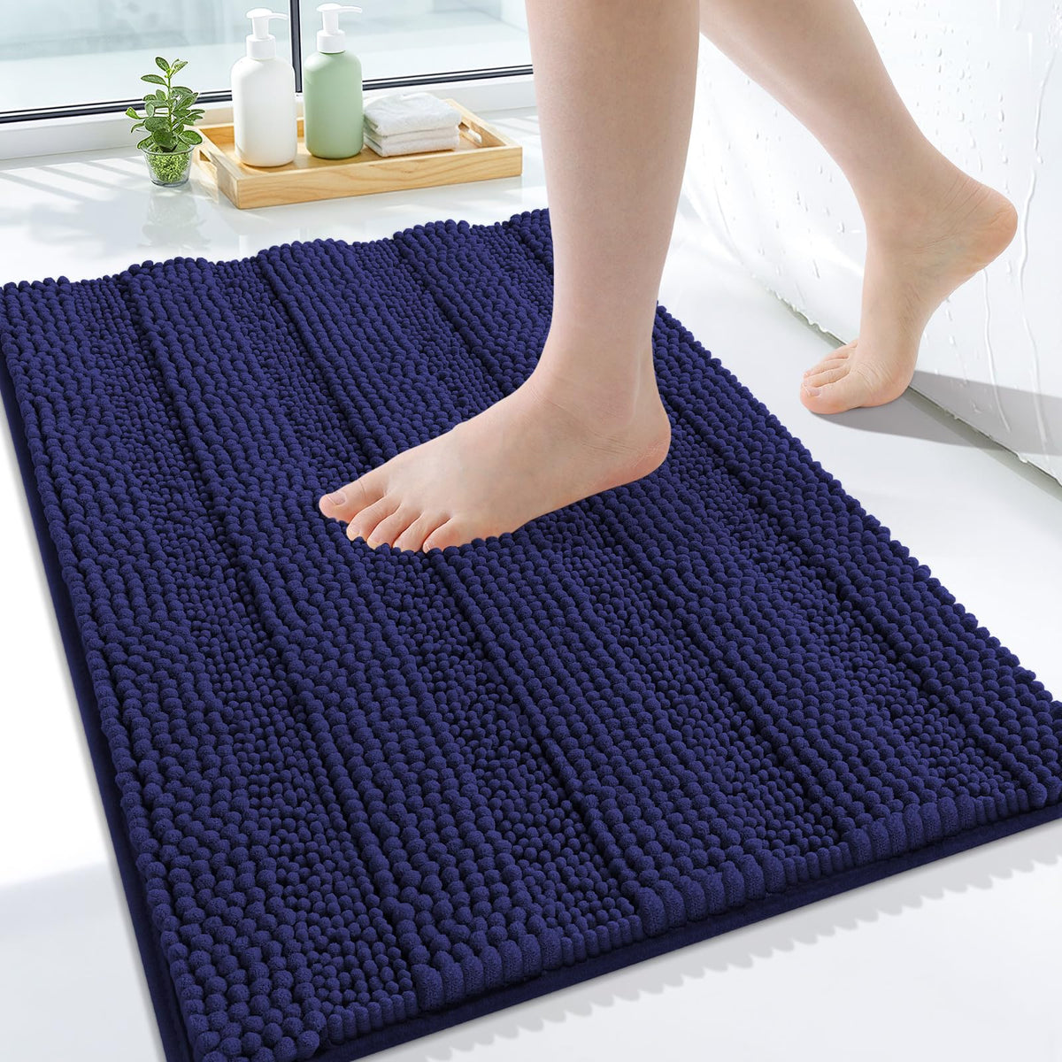 Grandaily Chenille Striped Bathroom Rugs 36x24, Extra Thick and Absorbent Bath Mats, Non-Slip Soft Plush Shaggy Shower Carpet, Machine Wash Dry, Bath Rug for Bathroom, (Large, Light Grey)