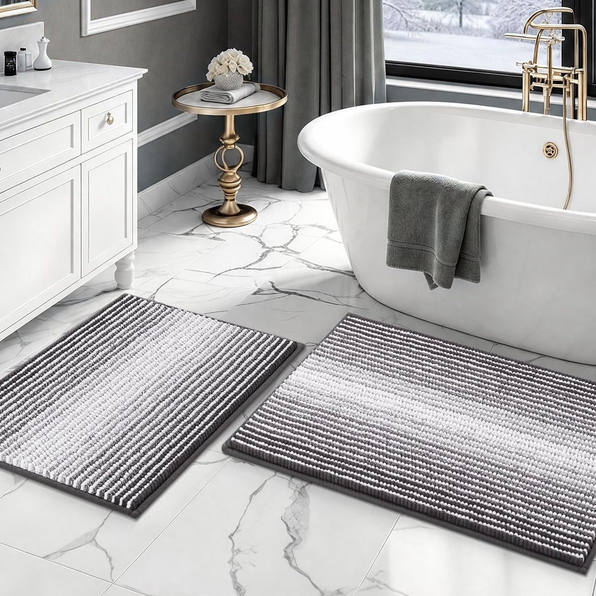 BSICPRO Bathroom Rugs Sets 2 Piece, Non Slip Striped Bath Mats, Fog Blue