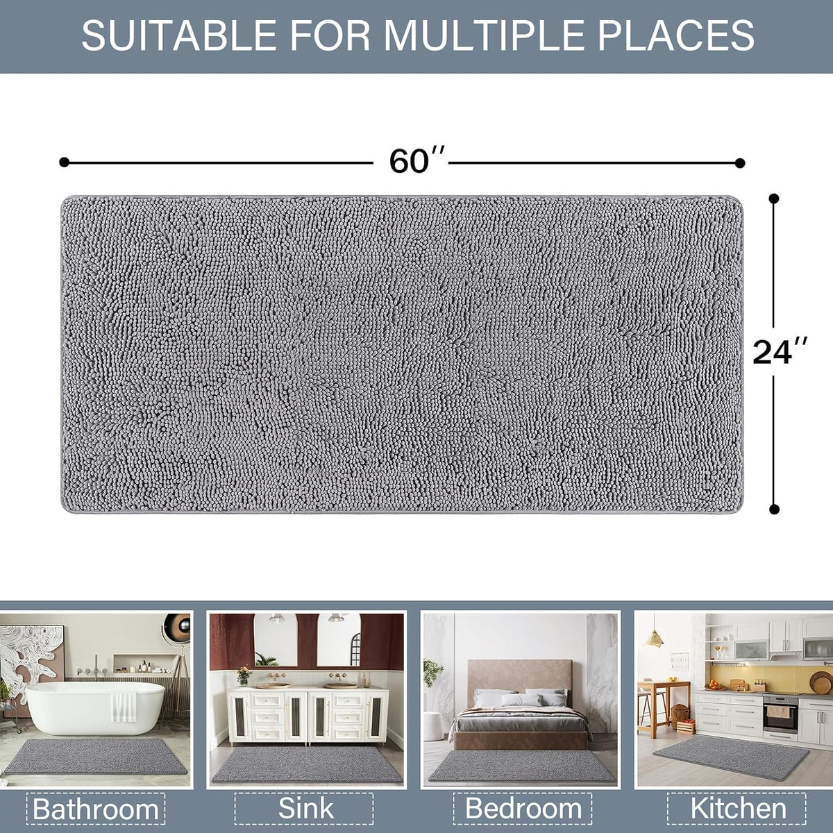 LOCHAS Luxury Bathroom Rug Shaggy Bath Mat 24 x 60 Inch, Gray