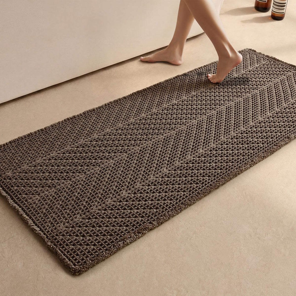 Sunfly Boho Bathroom Rug, Herringbone Waffle Bath Mat Non-Slip Washable Super Absorbent Quick Dry, Farmhouse Bath Mat for Bathroom Floor Decor 20"*30" Khaki