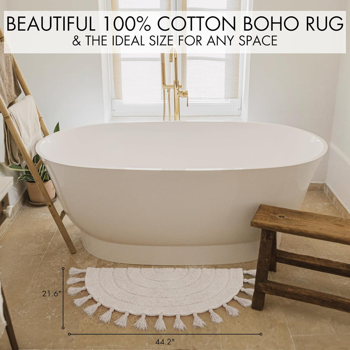Beautiful Boho Rug with Tassels - Soft Half Circle Cotton Bathroom Mat