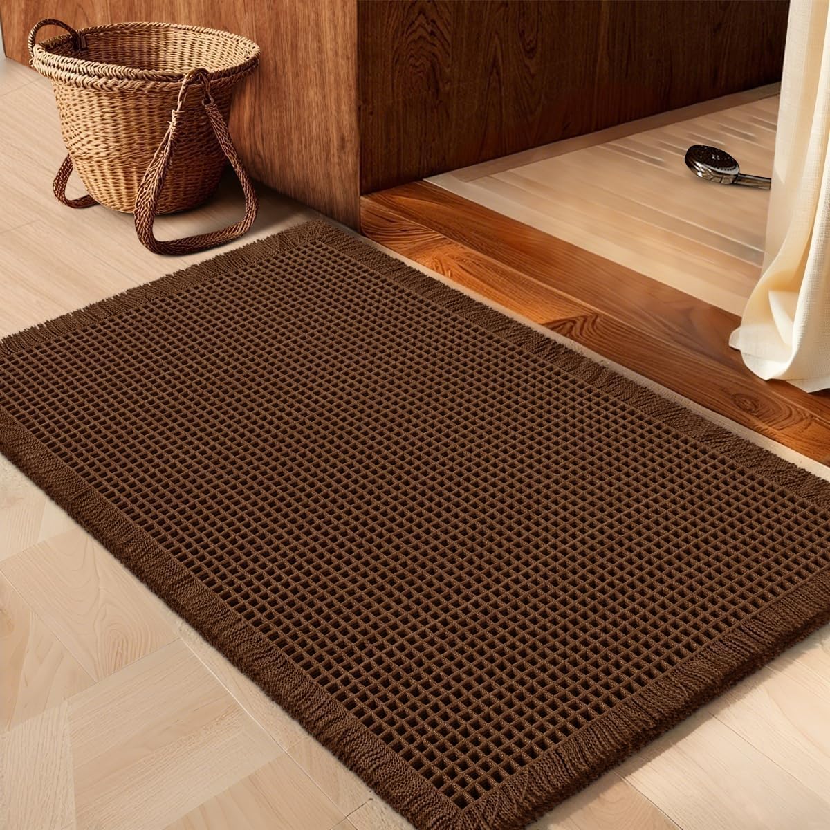 IM HOME Waffle Bath Mat Beige 32"x20", Boho Woven Modern Bath Mat Rugs, Absorbent Non Slip Bathroom Rugs, Soft Washable Bath Rugs with Tassels for Bathroom, Bedroom, Kitchen, Shower, Tub