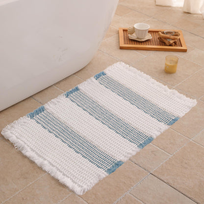 Waffle Bath Mat Non Slip, Boho Bathroom Rug, White/Taupe, 16"x24"