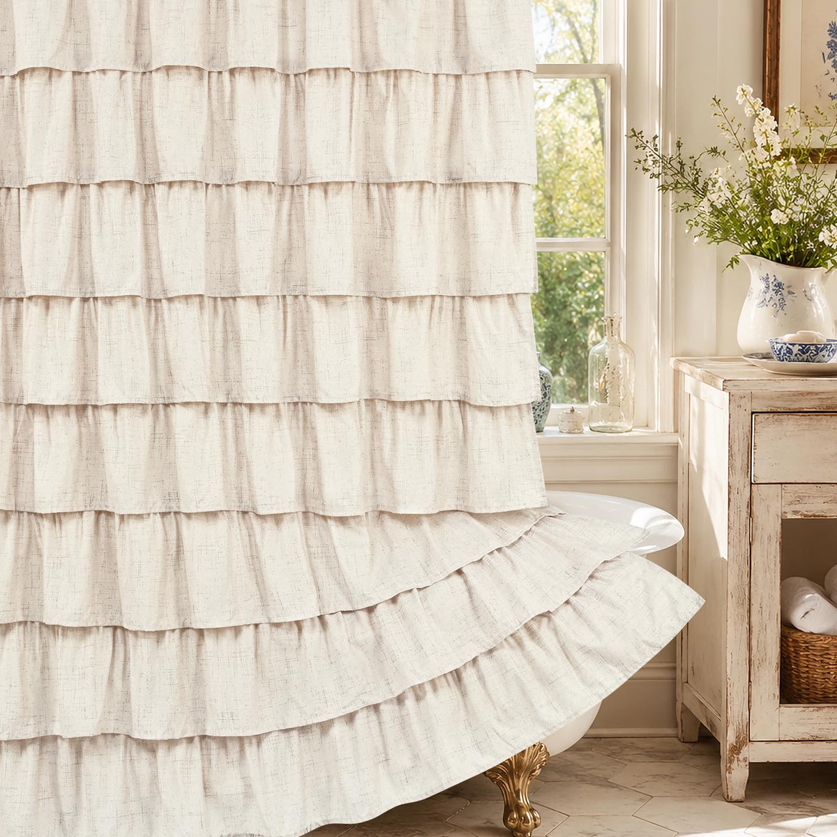 Farmhouse Floral Shower Curtain, Ruffle Bathroom Curtains, 72"Wx72"L