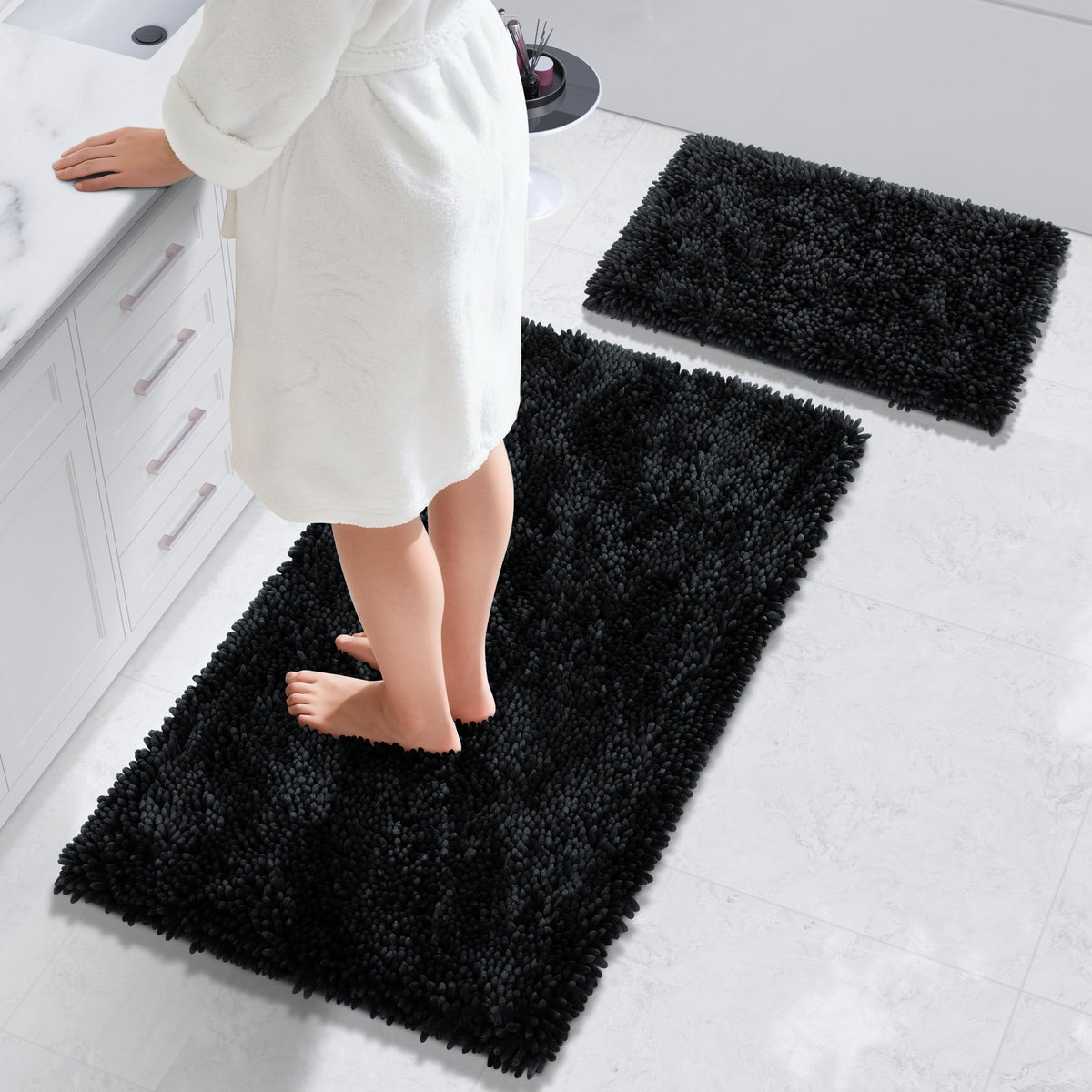 Yimobra Bathroom Rug Set 2 Piece, Luxury Shaggy Bath Mat Set with Non Slip Backing, Ultra Soft & Absorbent Mats for Bathroom Floor, Machine Washable, 31.5"x20"+24"x17", Dark Purple
