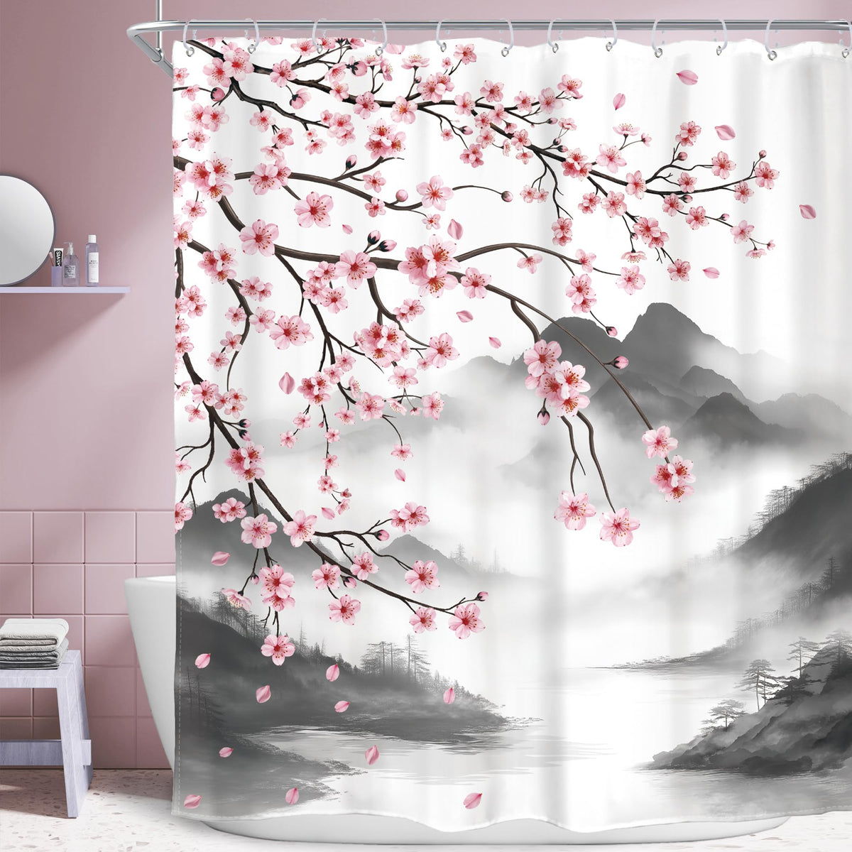 Pink Cherry Blossom Plum Asian Shower Curtain Japanese 60Wx72H Inch Decor