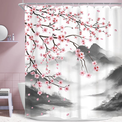 Pink Cherry Blossom Plum Asian Shower Curtain Japanese 60Wx72H Inch Decor