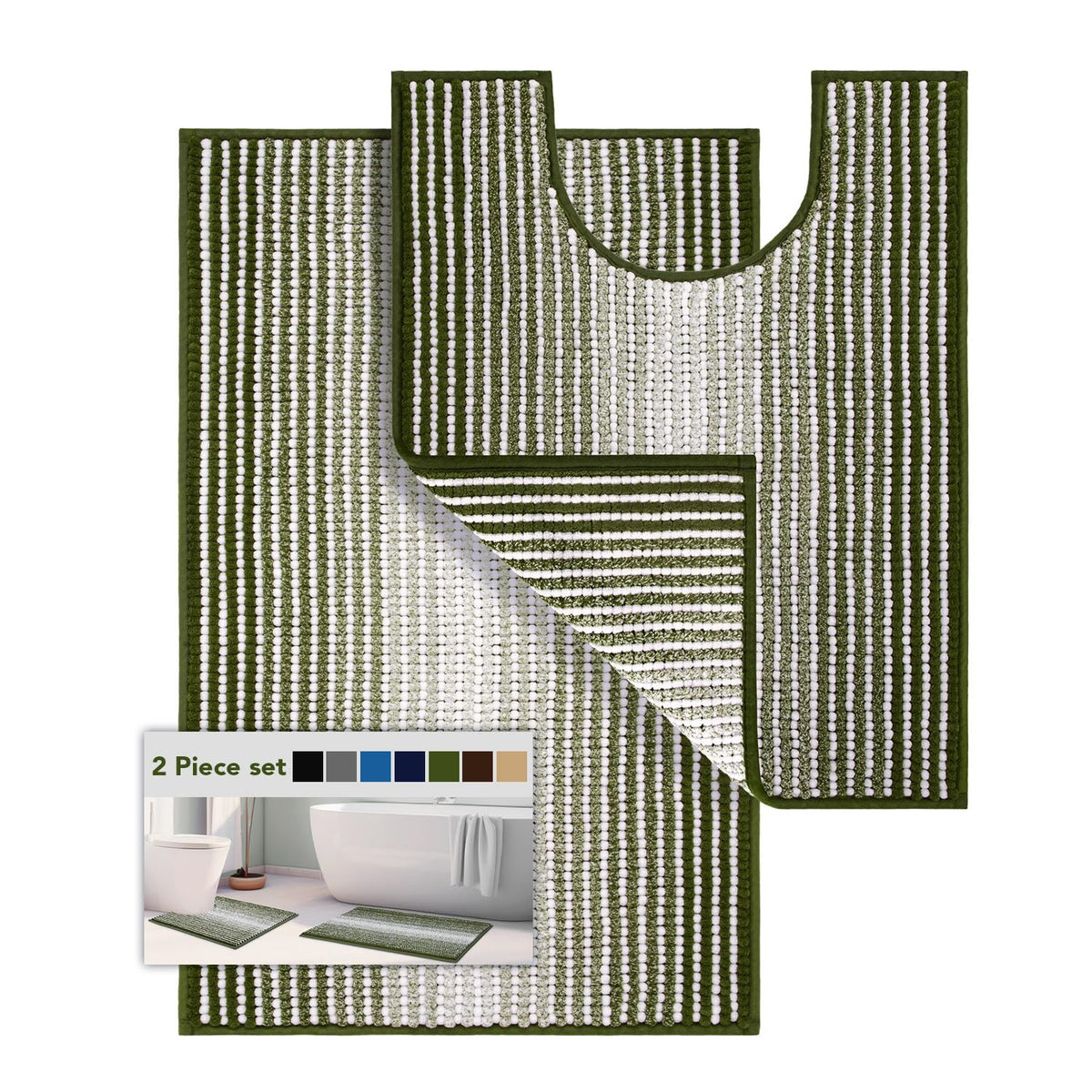 BSICPRO Bathroom Rugs Sets 2 Piece, Non Slip Striped Bath Mats, Fog Blue