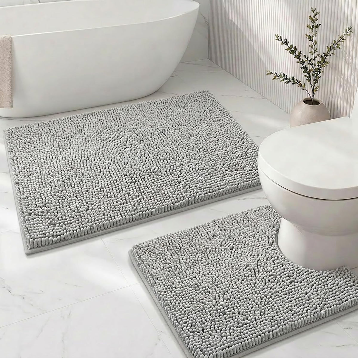 Bathroom Rugs Sets 2 Piece,Super Absorbent Soft,Thick,Machine Washable Chenille Bath Mat,Non Slip Toilet Floor Rug,Bath Mats for Bathroom,20x32 Plus 20x20 U Shape,Light Grey