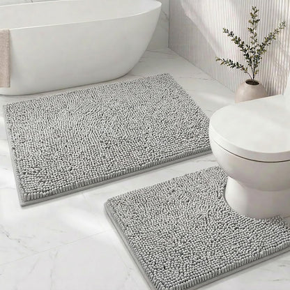 Bathroom Rugs Sets 2 Piece,Super Absorbent Soft,Thick,Machine Washable Chenille Bath Mat,Non Slip Toilet Floor Rug,Bath Mats for Bathroom,20x32 Plus 20x20 U Shape,Light Grey