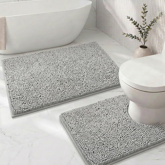 Bathroom Rugs Sets 2 Piece,Super Absorbent Soft,Thick,Machine Washable Chenille Bath Mat,Non Slip Toilet Floor Rug,Bath Mats for Bathroom,20x32 Plus 20x20 U Shape,Light Grey