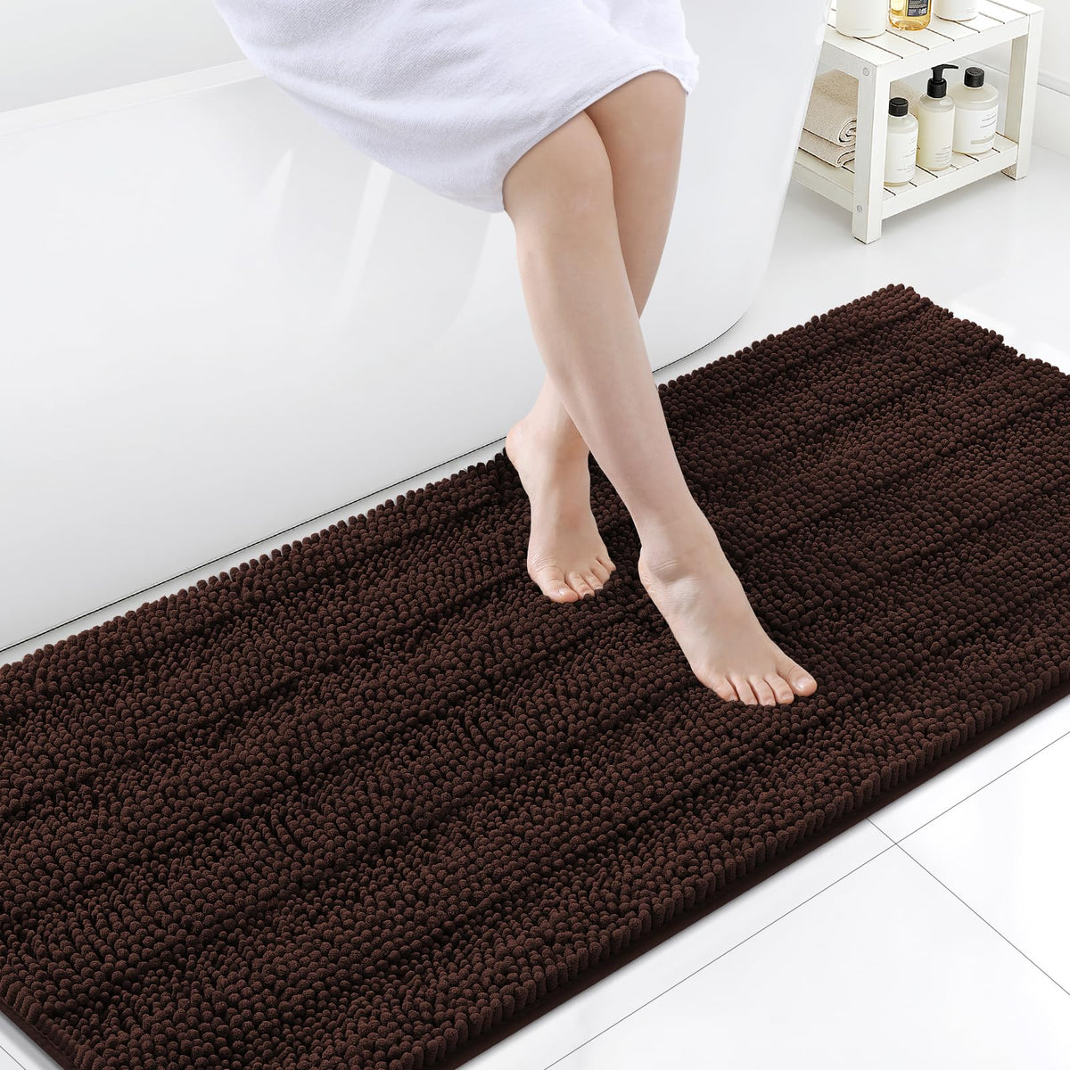 Grandaily Chenille Striped Bathroom Rugs 36x24, Extra Thick and Absorbent Bath Mats, Non-Slip Soft Plush Shaggy Shower Carpet, Machine Wash Dry, Bath Rug for Bathroom, (Large, Light Grey)