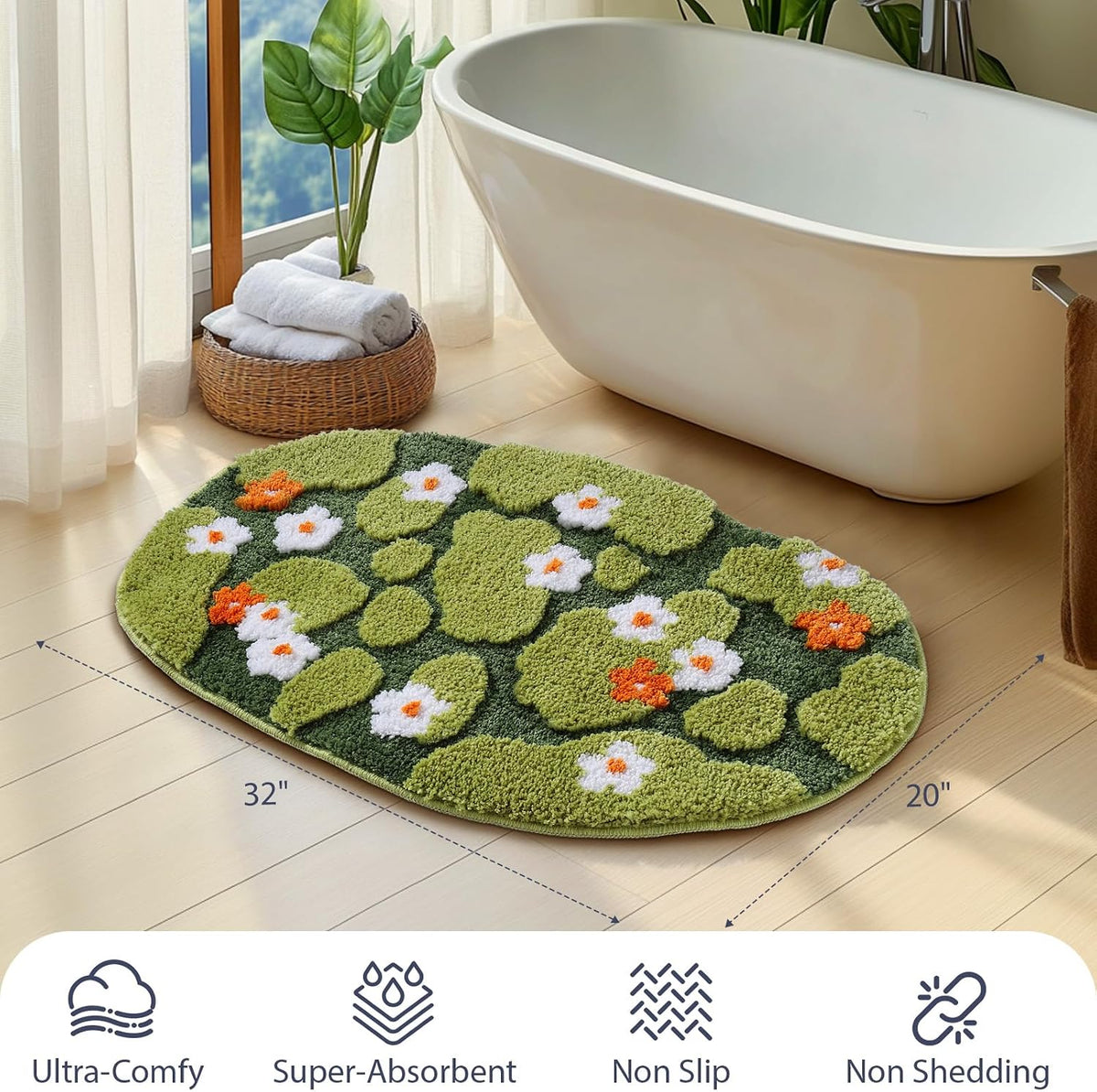 Green Floral Moss Bathroom Rug Bath Mat Soft Cute Rugs 20"x32"