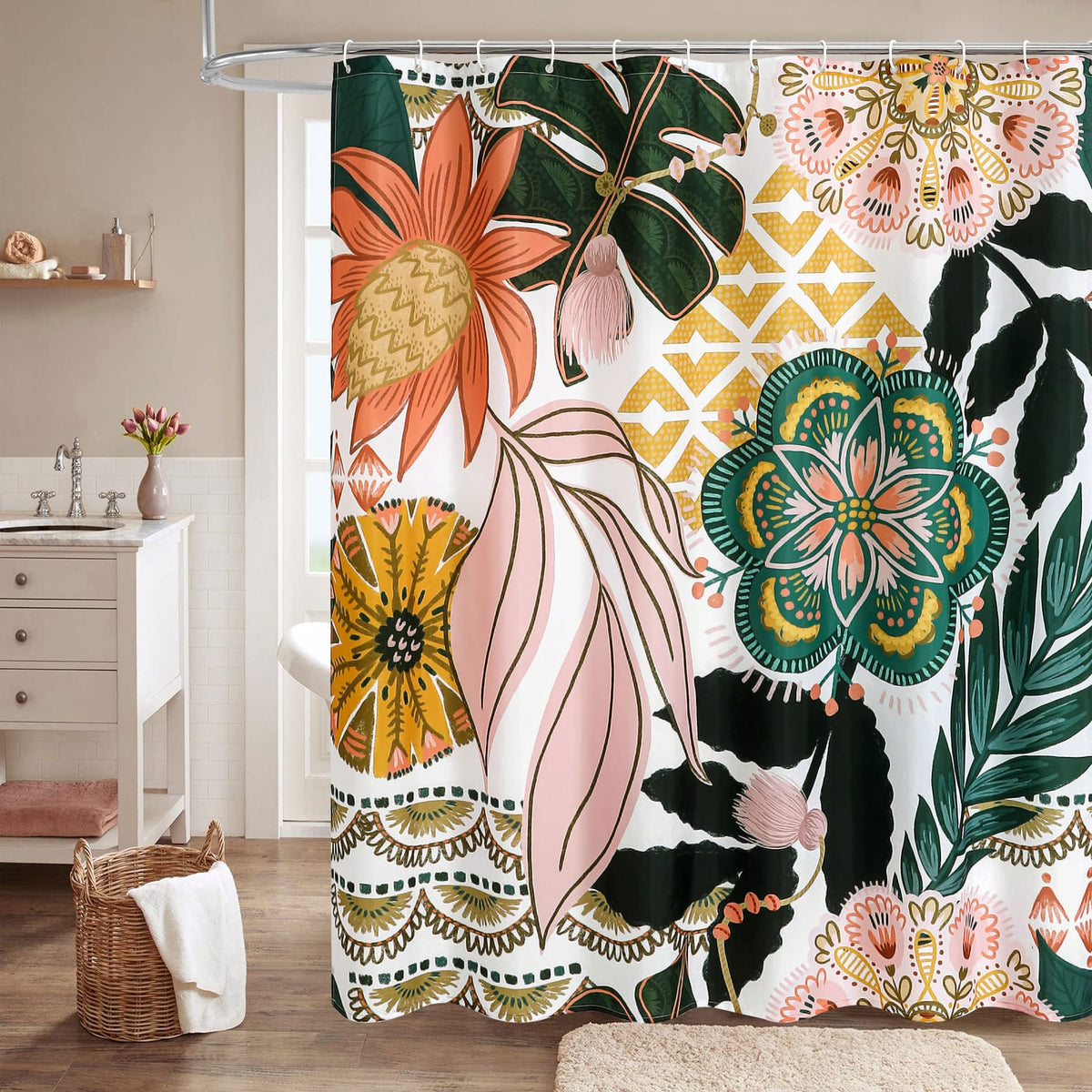 Boho Floral Shower Curtain, Vintage Botanical Fabric Curtain, 72 x 72