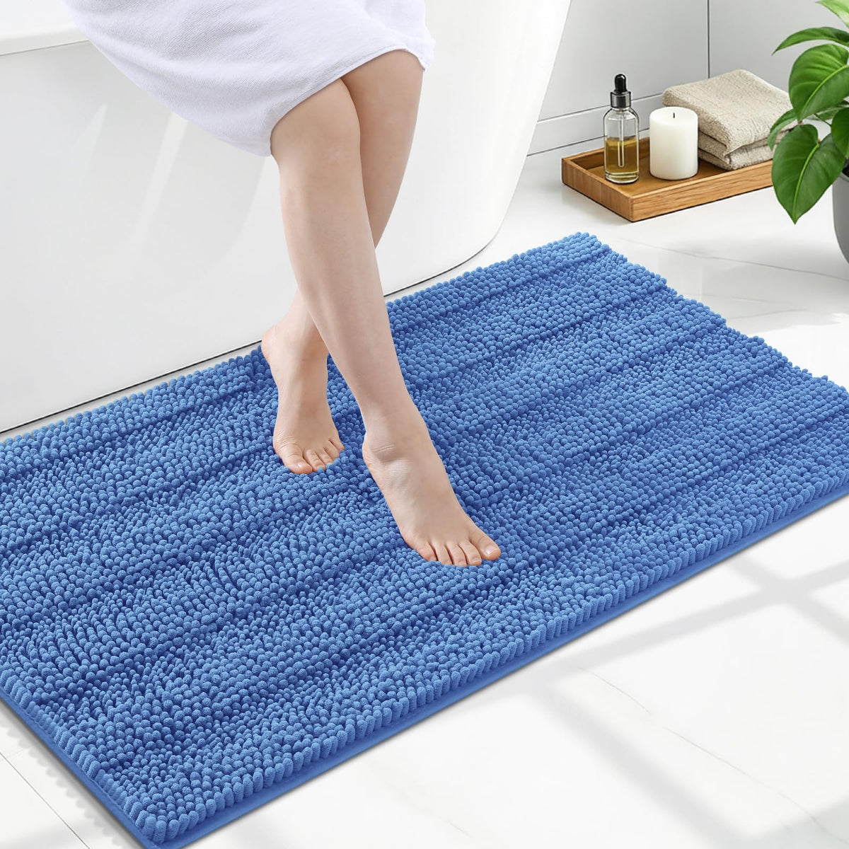 Grandaily Chenille Striped Bathroom Rugs 36x24, Extra Thick and Absorbent Bath Mats, Non-Slip Soft Plush Shaggy Shower Carpet, Machine Wash Dry, Bath Rug for Bathroom, (Large, Light Grey)