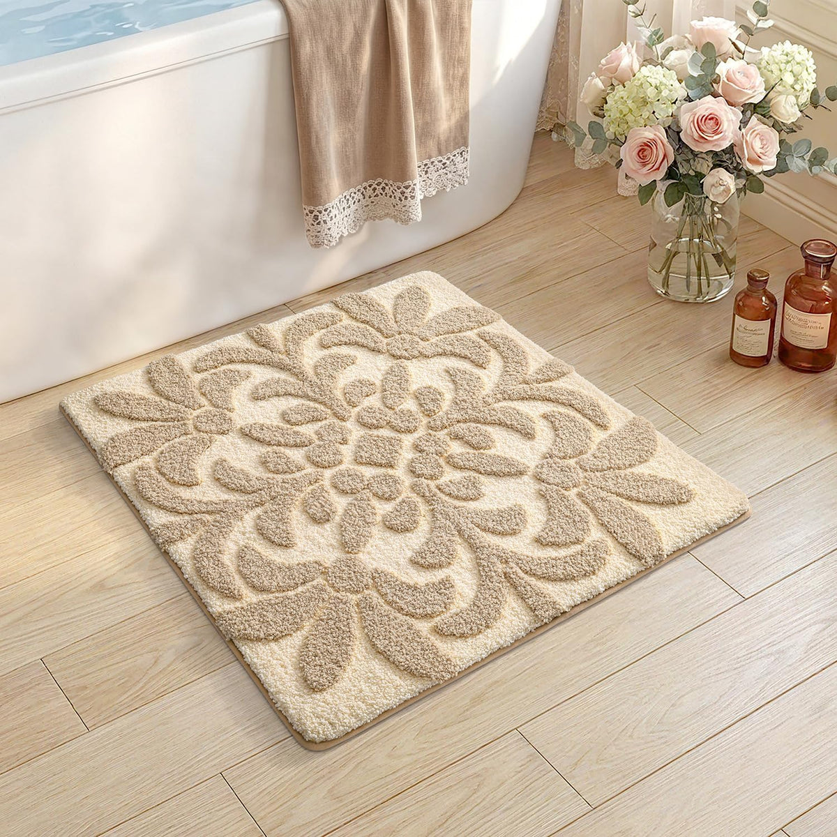 DEXI Floral Bathroom Rugs Non Slip Washable, Square Bath Mat 24x24, Beige
